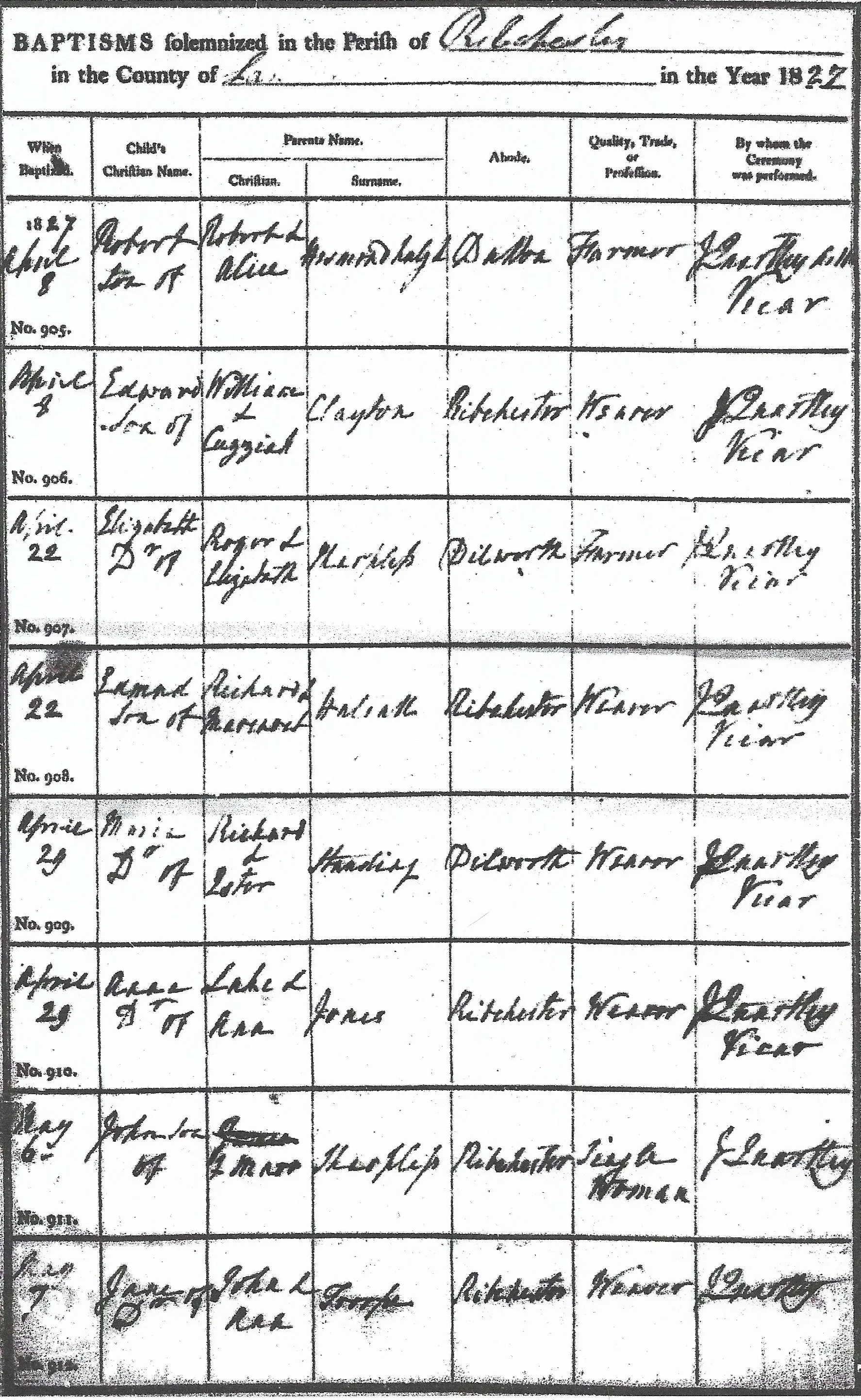 A page of baptisms from a Lancashire parish register, 1827